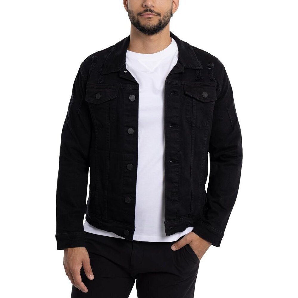 Mens Jet Black Denim Jacket Washed Ripped Distressed Stretch Casual Trucker